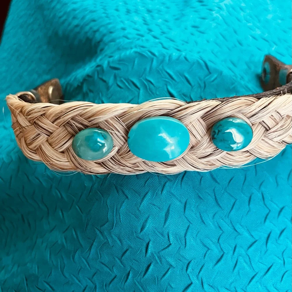 Genuine oval turquoise stones bracelet, braided horse hair on a leather strap - Picture 2 of 10